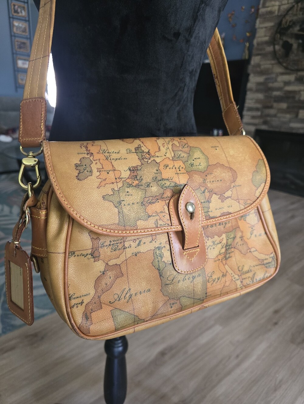 Alviero Martini tan leather logo tag with Global Map Designs